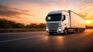 Used truck on highway at sunset Germany export